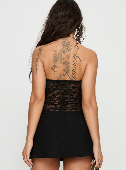 back view of model wearing Princess Polly Kristiina Strapless Lace Bodysuit Black Sleeveless Bodysuit 