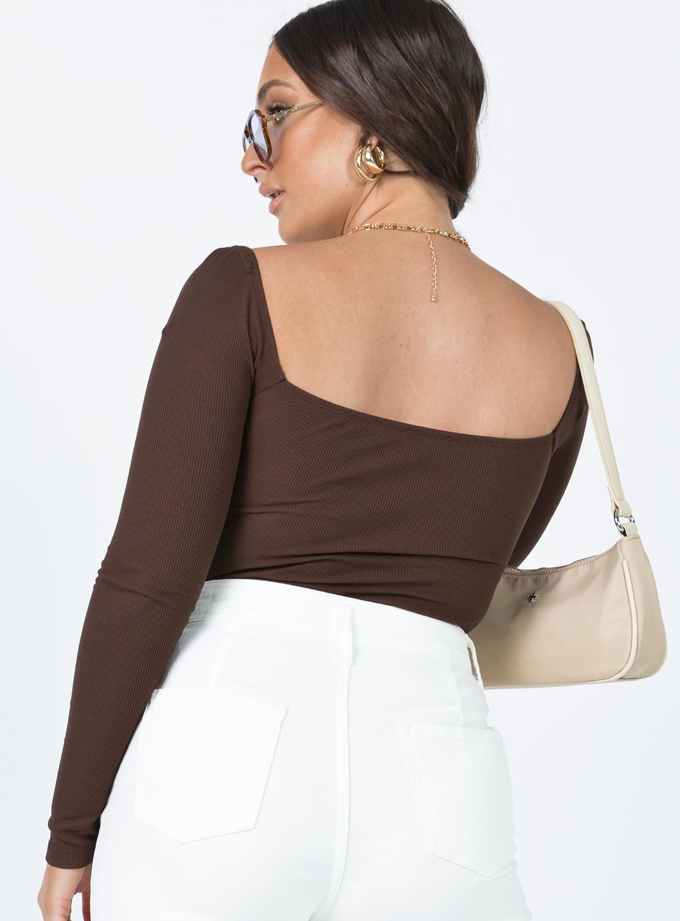 back view of model wearing Princess Polly Charlotte Bodysuit Brown Full Sleeves Square Neck 