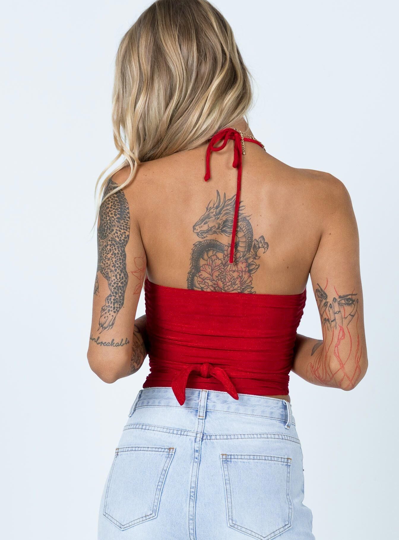 back view of model wearing Princess Polly Loriella Ring Detail Crop Top Red 