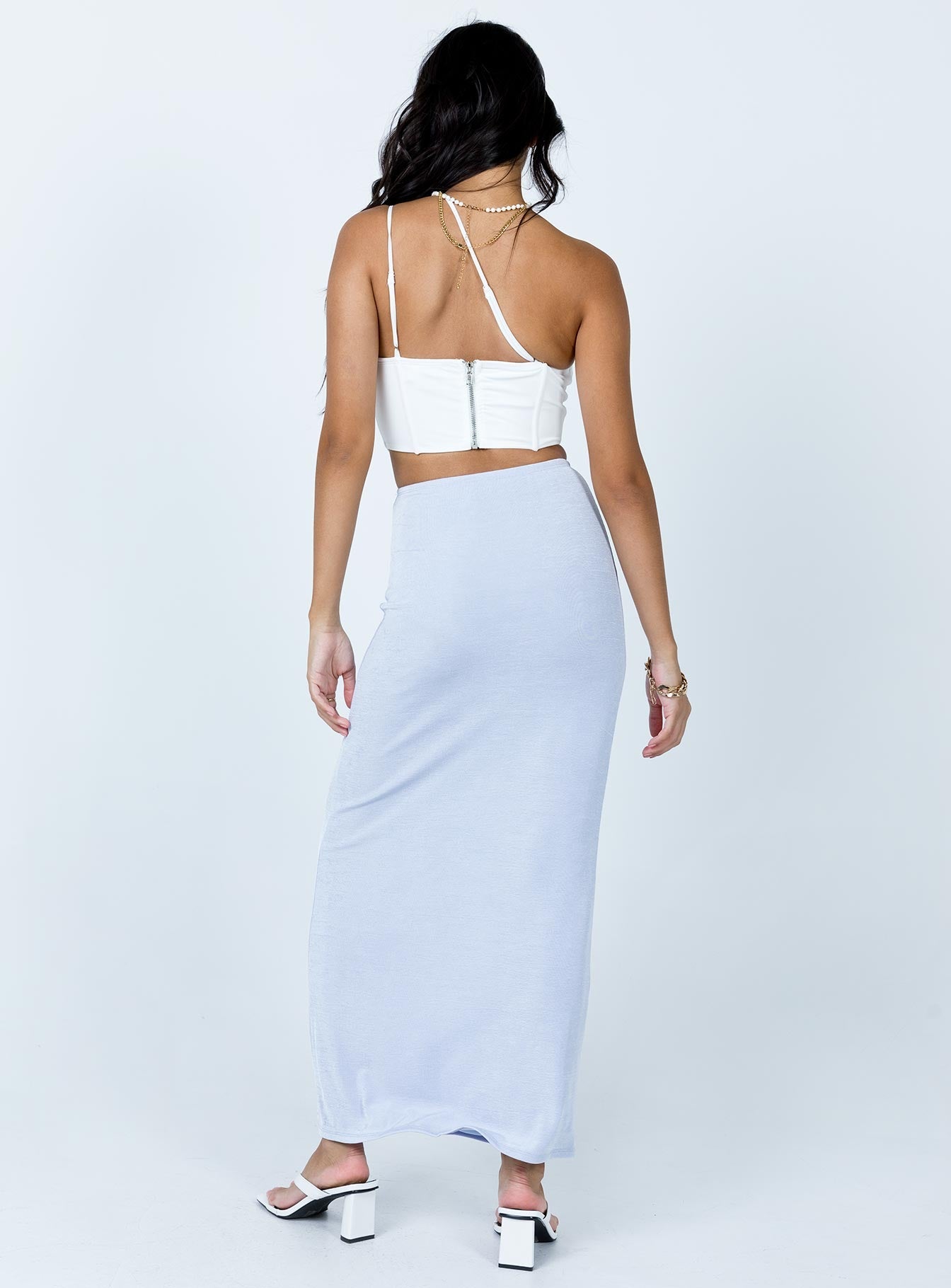 back view of model wearing Princess Polly Harriette Maxi Skirt Light Blue 
