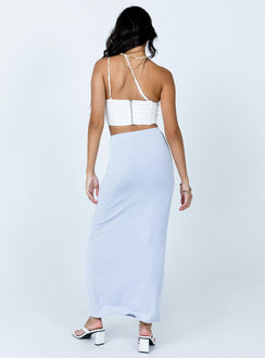 back view of model wearing Princess Polly Harriette Maxi Skirt Light Blue 