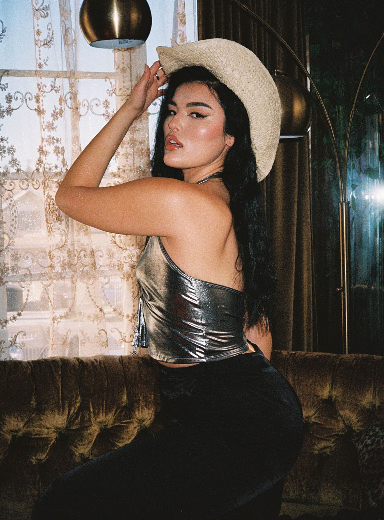 side view of model wearing Princess Polly Motel Dapa Top Silver Metallic 