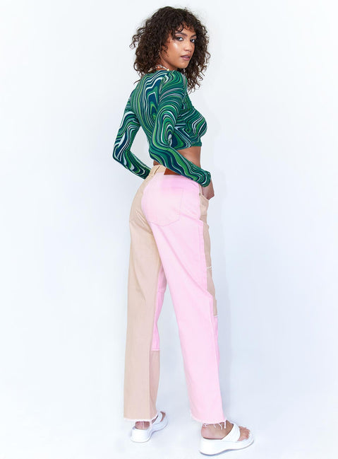 back view of model wearing Princess Polly Kaisha Denim Jeans Pink Mid Rise 