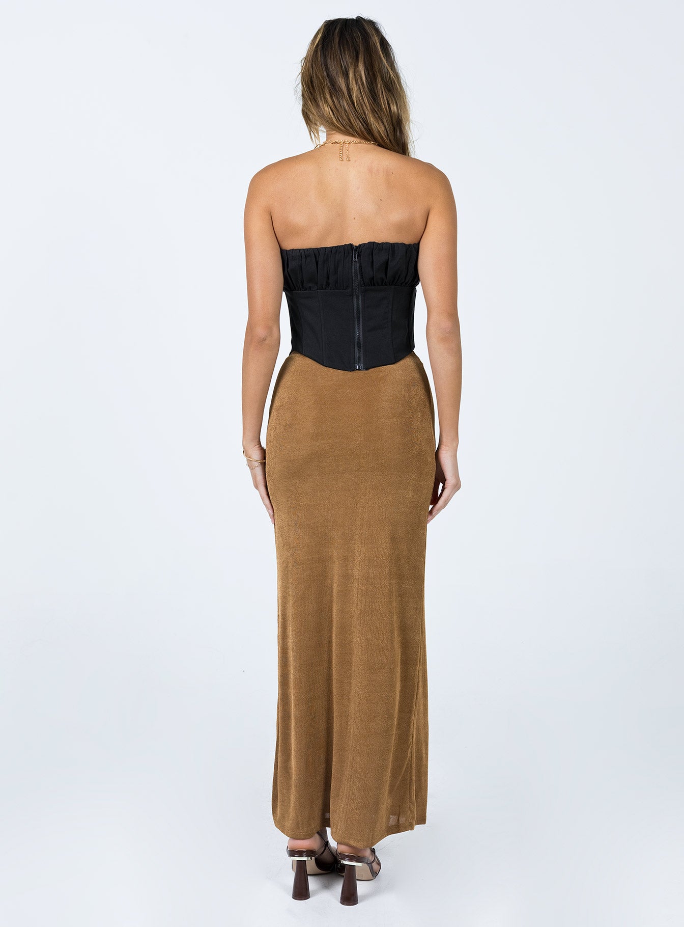 back view of model wearing Princess Polly Harriette Maxi Skirt Brown 