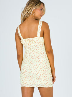 back view of model wearing Princess Polly Freya Mini Dress Yellow Floral 