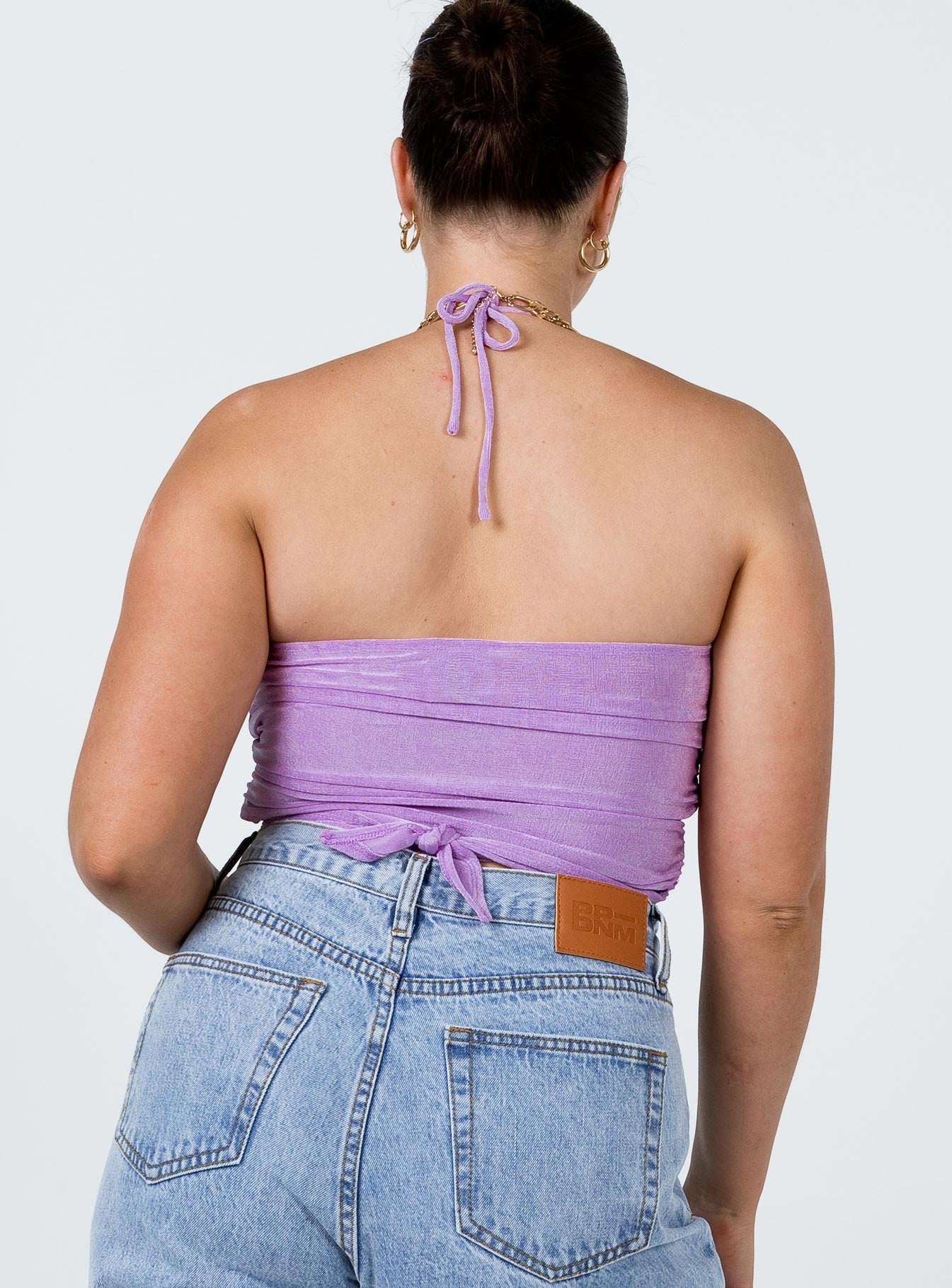 back view of model wearing Princess Polly Loriella Ring Detail Crop Top Purple 