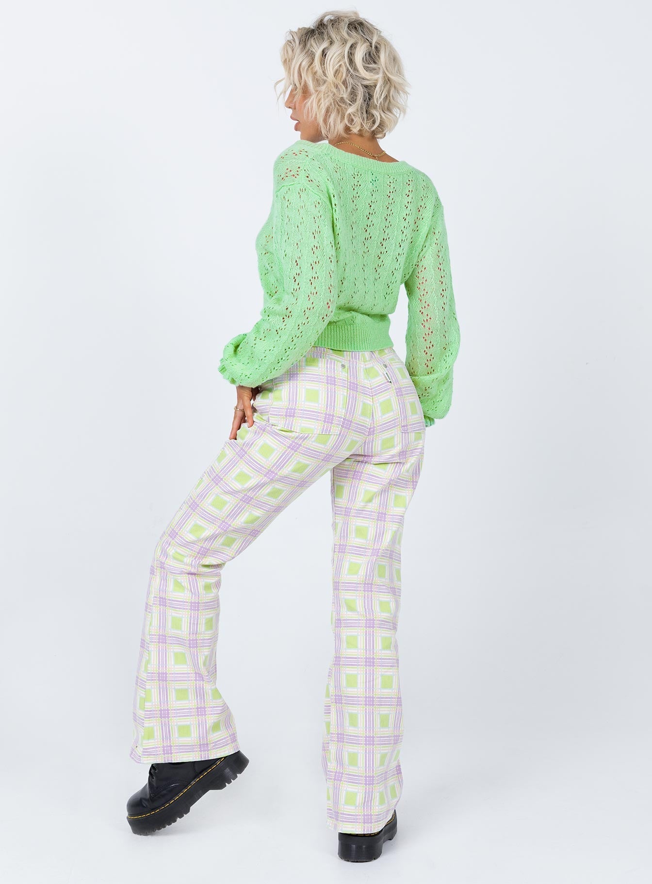 back view of model wearing Princess Polly The Ragged Priest Trail Denim Jeans Green Check Mid Rise 