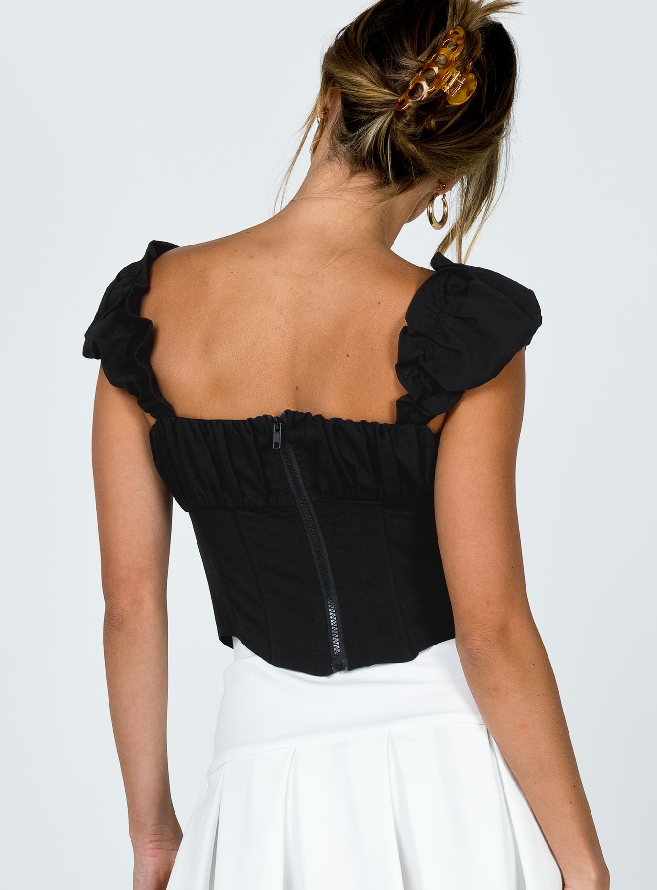 Front view of model wearing  front Princess Polly Short Sleeves Square Neck  Harry Top Black