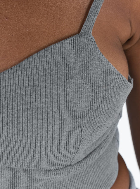 Grey matching set Crop top Adjustable shoulder straps Sweetheart neckline Bike shorts Thick elasticated waistband Good stretch Unlined