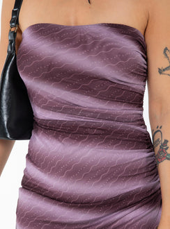 Front view of model wearing  front Princess Polly Square Neck  Donelli Mini Dress Purple Stripe