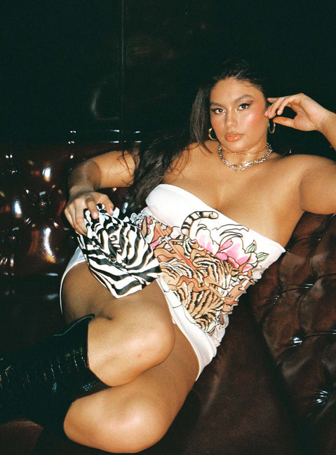 back view of model wearing Princess Polly Oasis Strapless Mini Dress Multi Curve 