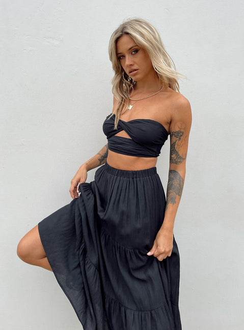 Black matching set Crop top Removable shoulder straps  Inner silicone strip at bust  Twisted bust  Cut out detail  Shirred back  Zip fastening  High waisted midi skirt  Elasticated waistband  Layered design 