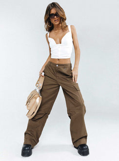 Front view of model wearing  front Princess Polly High Waisted Pants  Fallout Mid Rise Cargo Pants Brown