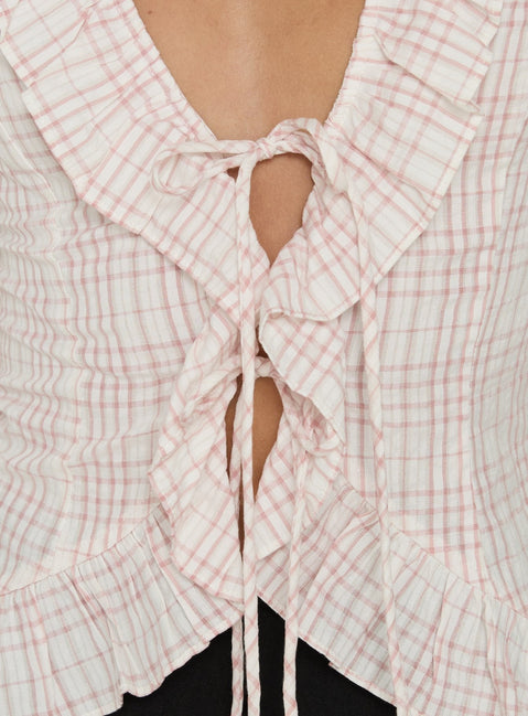 Raylynn Frill Detail Short Sleeve Collared Top Pink Check