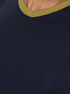 Geanna High V Neck Contrast Trim Top Navy / Yellow