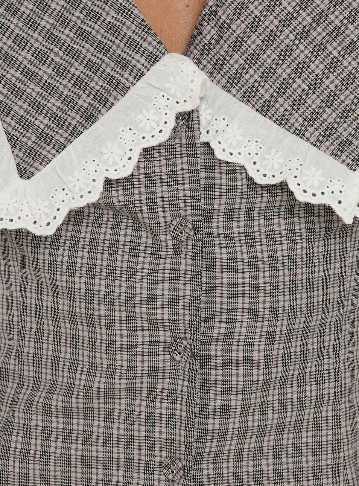 Mayci Collared Lace Trim Top Brown Check