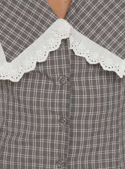 Mayci Collared Lace Trim Top Brown Check