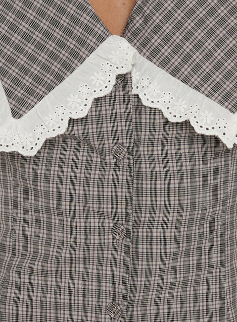 Mayci Collared Lace Trim Top Brown Check
