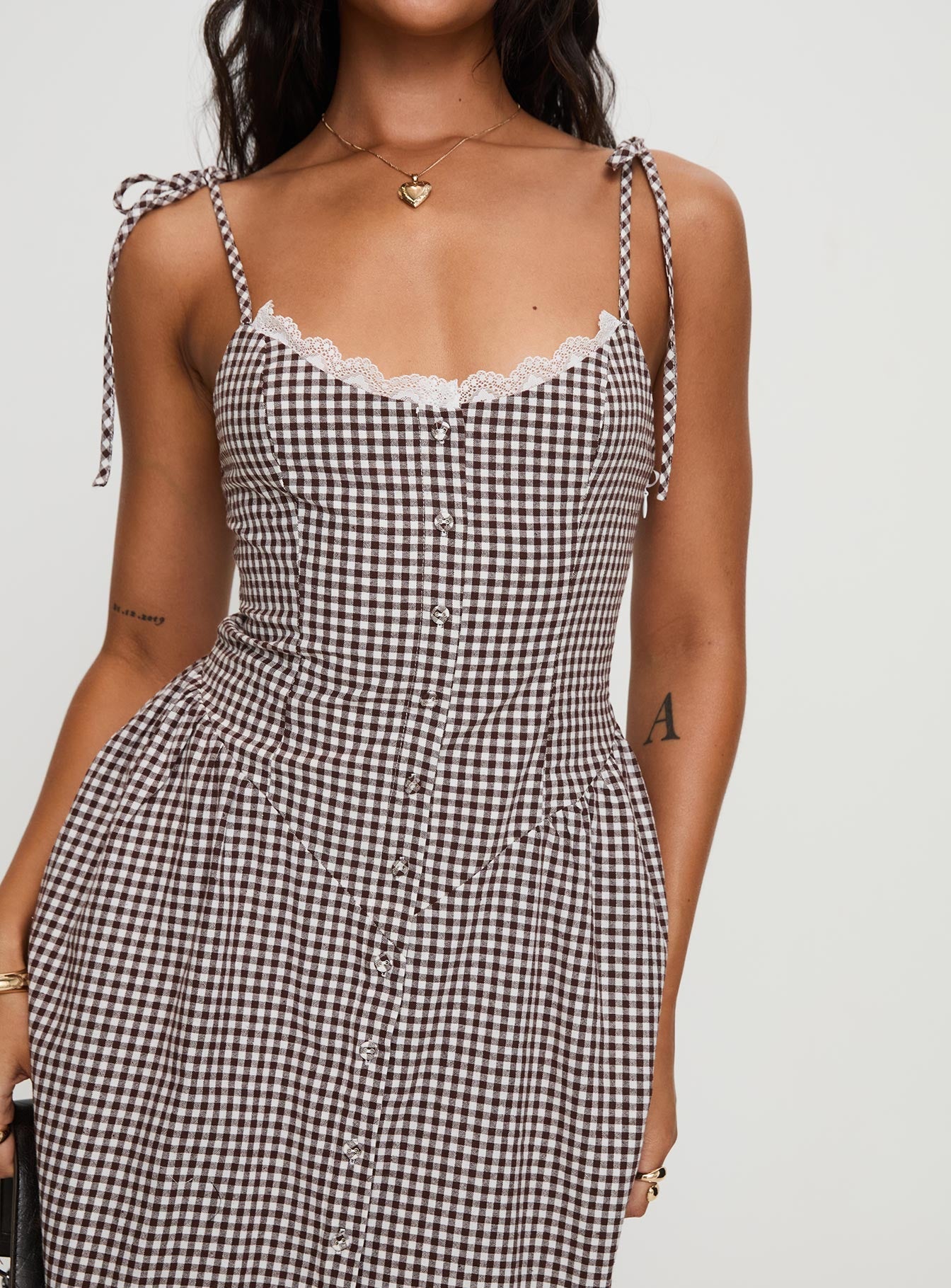 Dalanie Tie Strap Maxi Dress Brown Gingham Petite