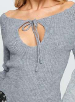 front view of model wearing Princess Polly Luxie Tie Detail Knit Sweater Grey 