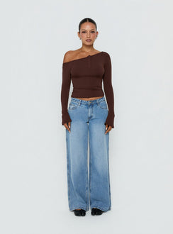 Kleoh Off Shoulder Long Sleeve Henley Top Brown