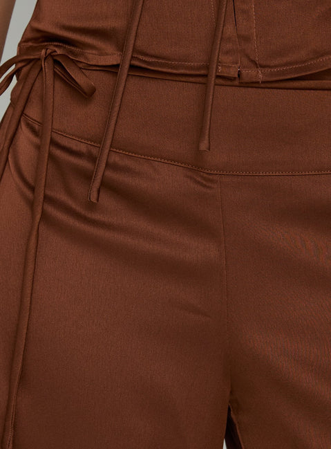 Crafted from Aubrette Satin Tie Pants Chocolate womens-regular-pants featuring high-rise wide-leg silhouette detail Princess Polly
