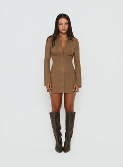 When You Sleep Long Sleeve Mini Dress Cocoa Brown