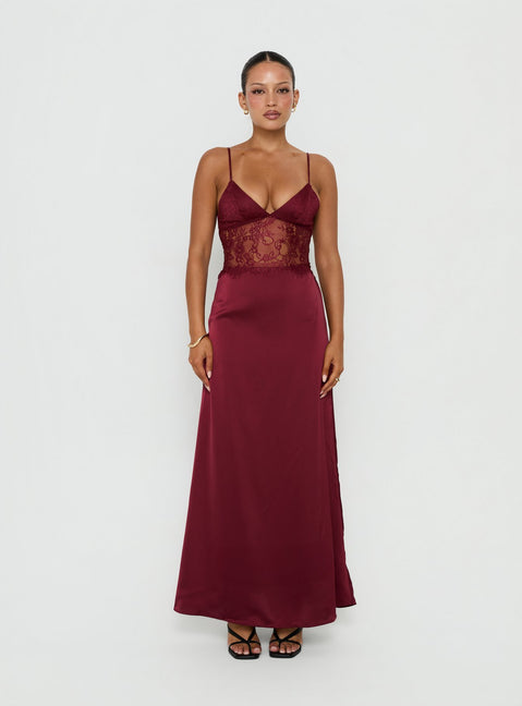 Lusta Plunge Lace Maxi Dress Cherry