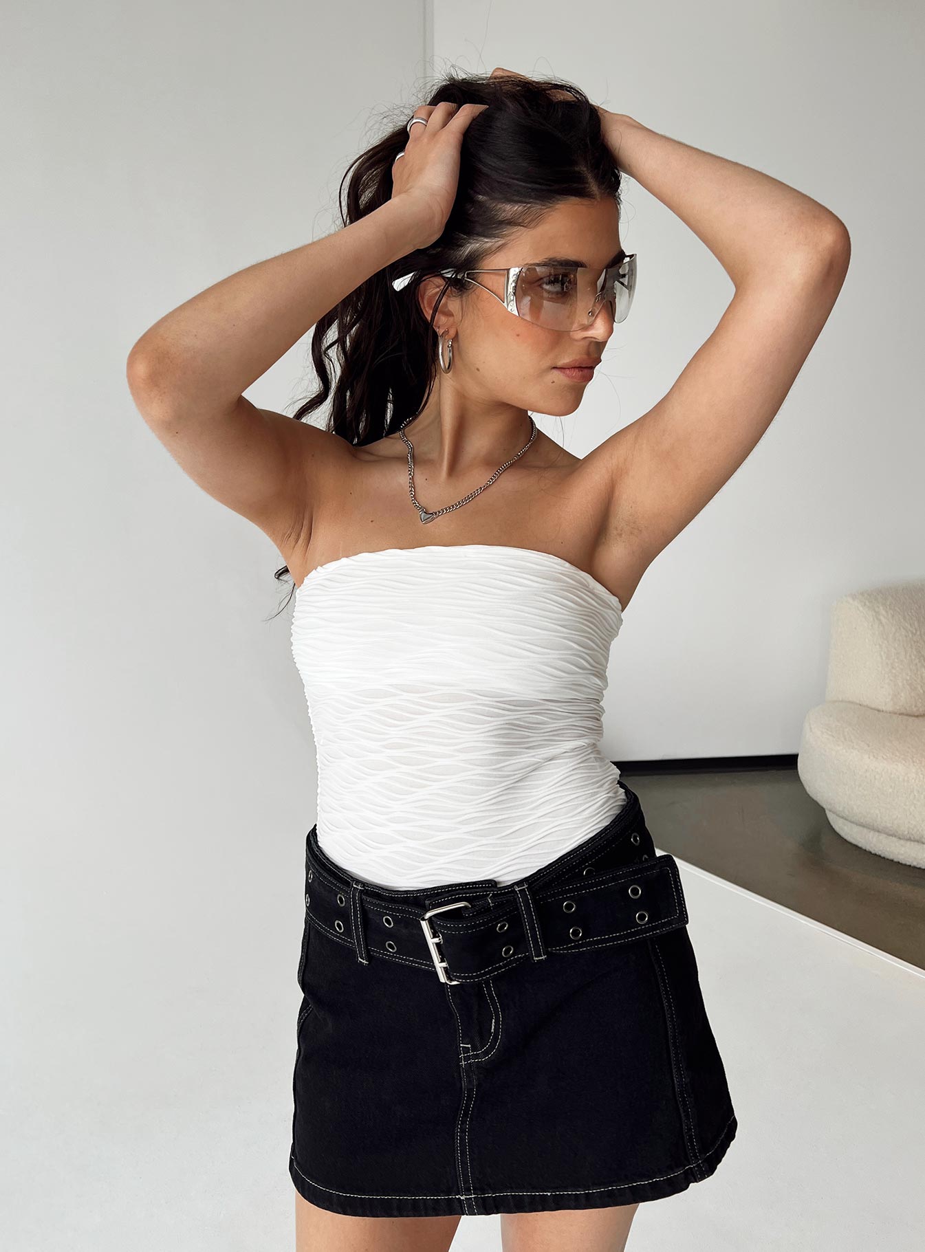 front view of model wearing Princess Polly Makena Strapless Bodysuit White Petite Sleeveless 