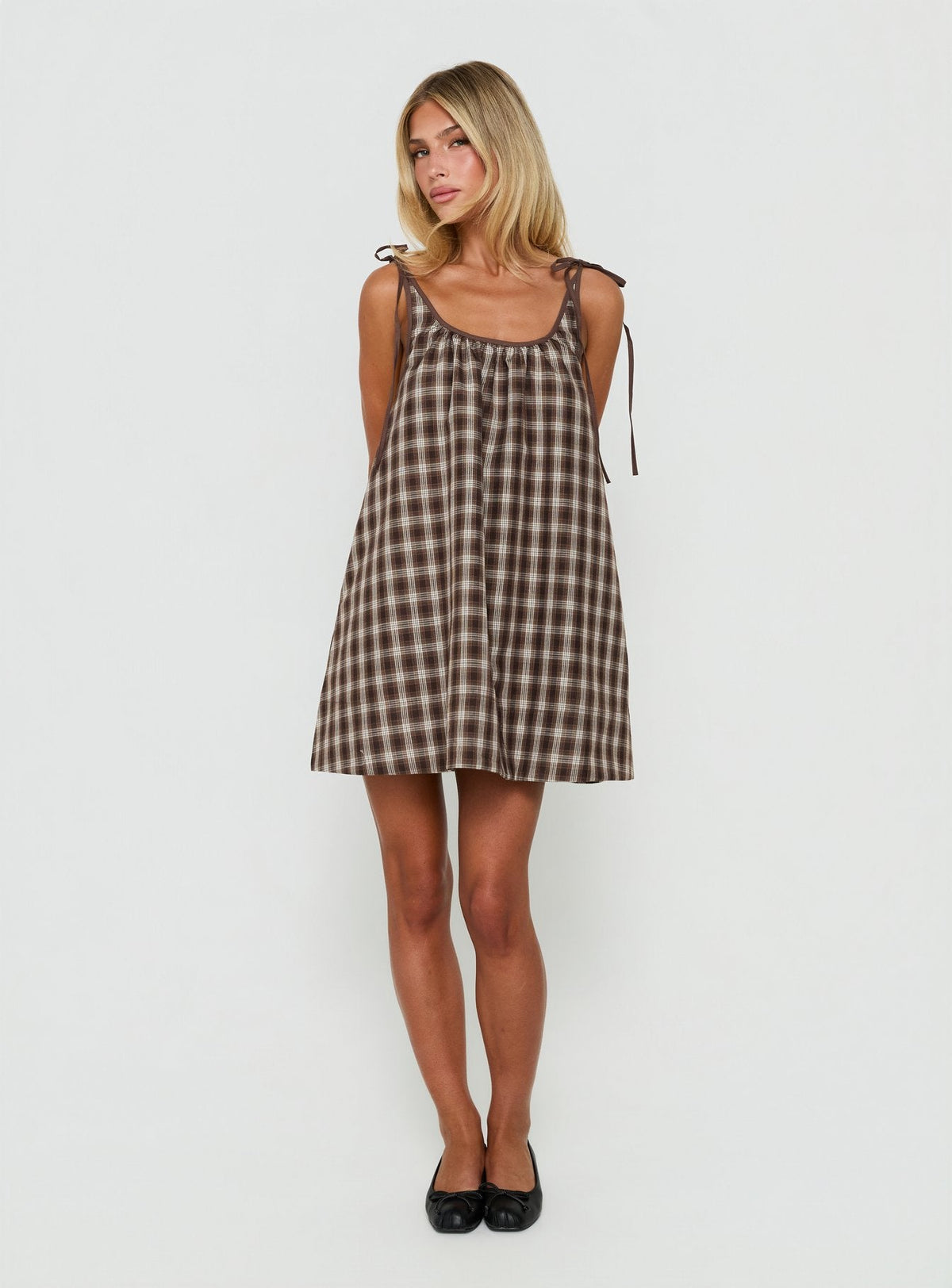 Lucka Babydoll Tie Mini Dress Brown Check