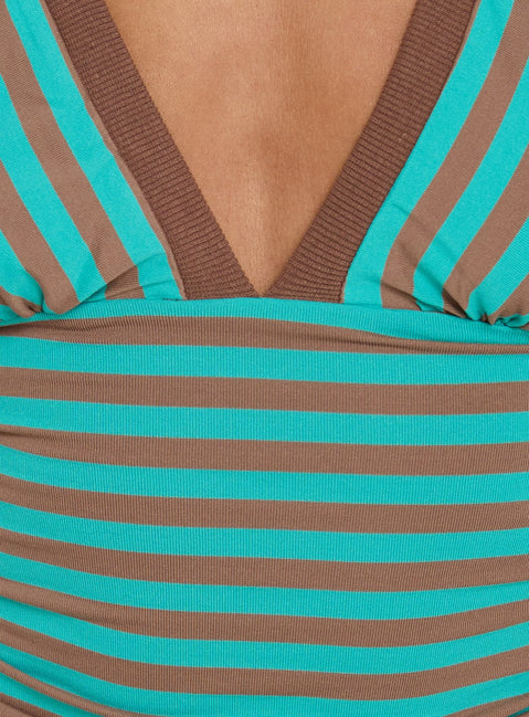 Eleanorre Batwing V Neck Top Blue / Brown Stripe