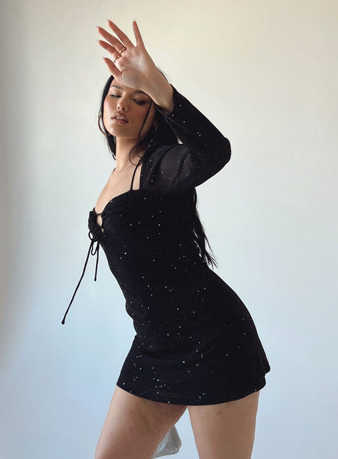 Front view of model wearing  front Princess Polly Boat Neck  Stassie Mini Dress Black