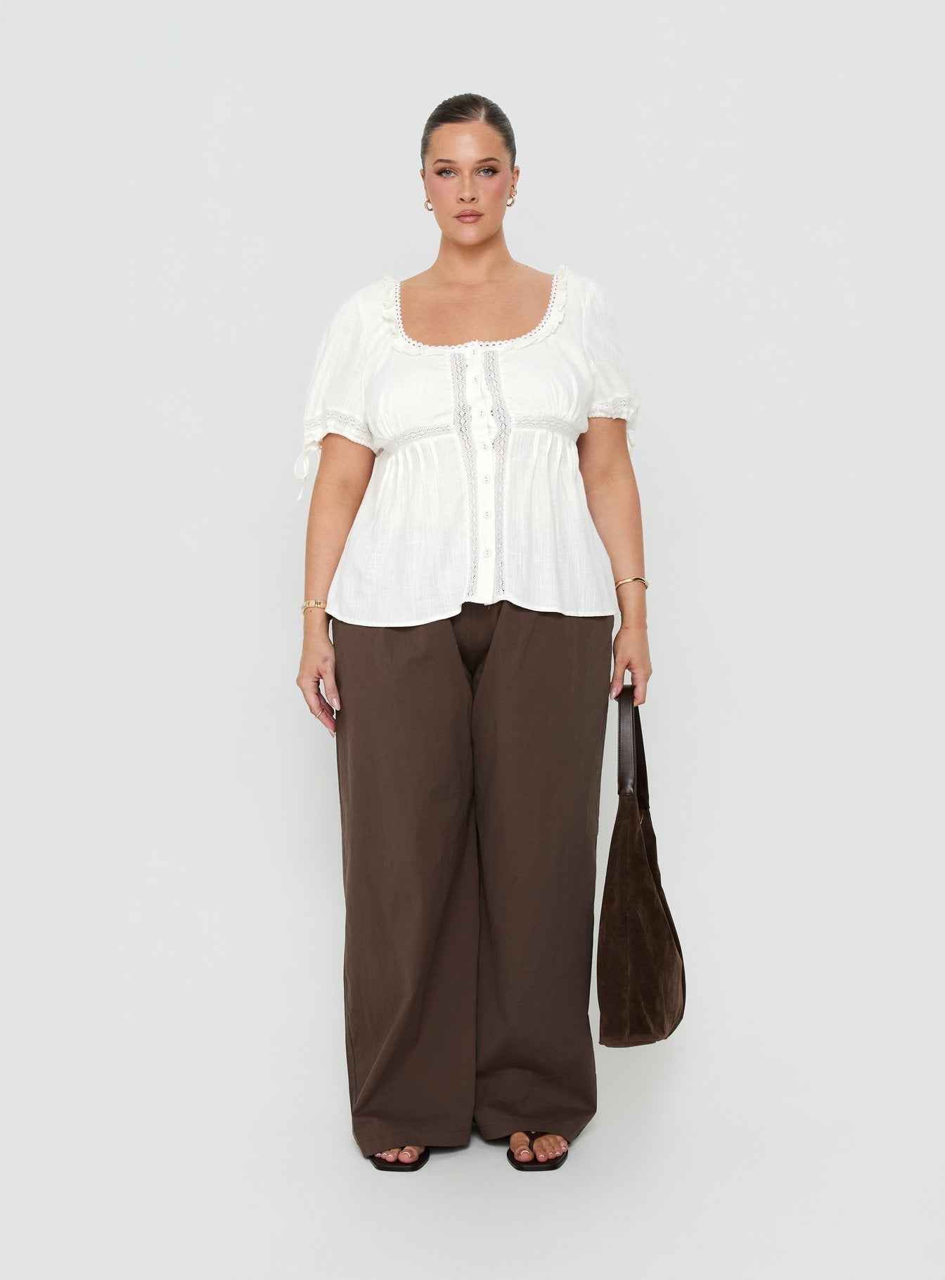 Indianah Pleat Lace Panel Blouse Top White Curve