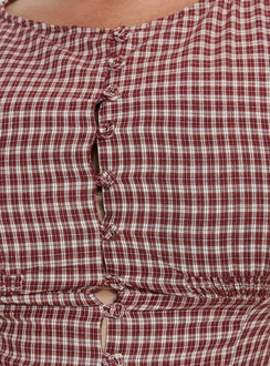 Alixandra Puff Sleeve Blouse Top Red Check Curve