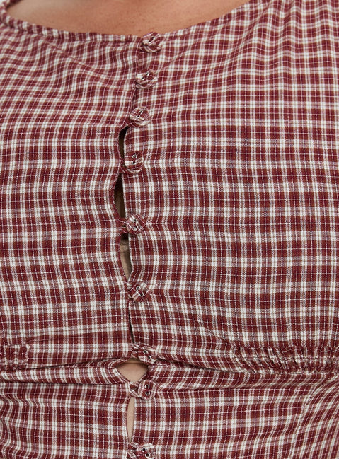 Alixandra Puff Sleeve Blouse Top Red Check Curve