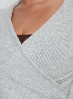 Close-up of the Tonee Wrap Knit Cardigan Grey Curve in a short length womens jumper with v-neck and oversized fit product Princess Polly