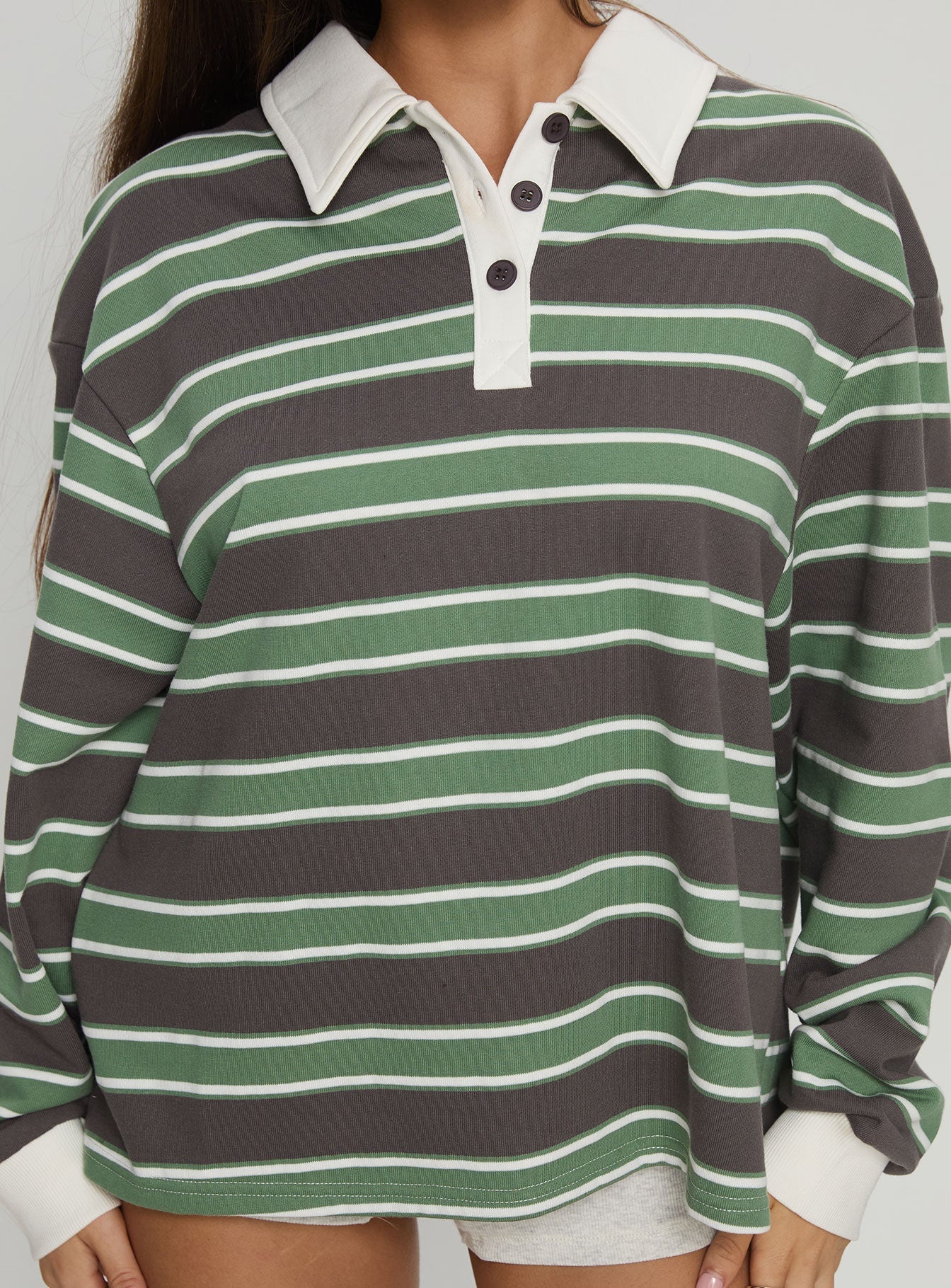 back view of model wearing Princess Polly Tycen Polo Rugby Jumper Green / Grey Stripe Long 