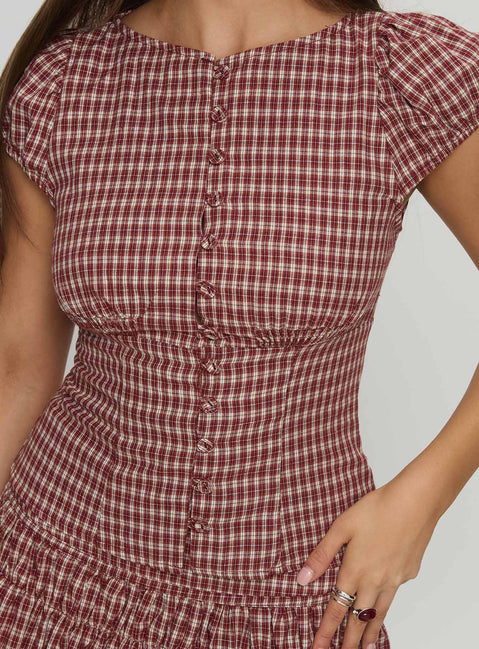 Alixandra Puff Sleeve Blouse Top Red Check