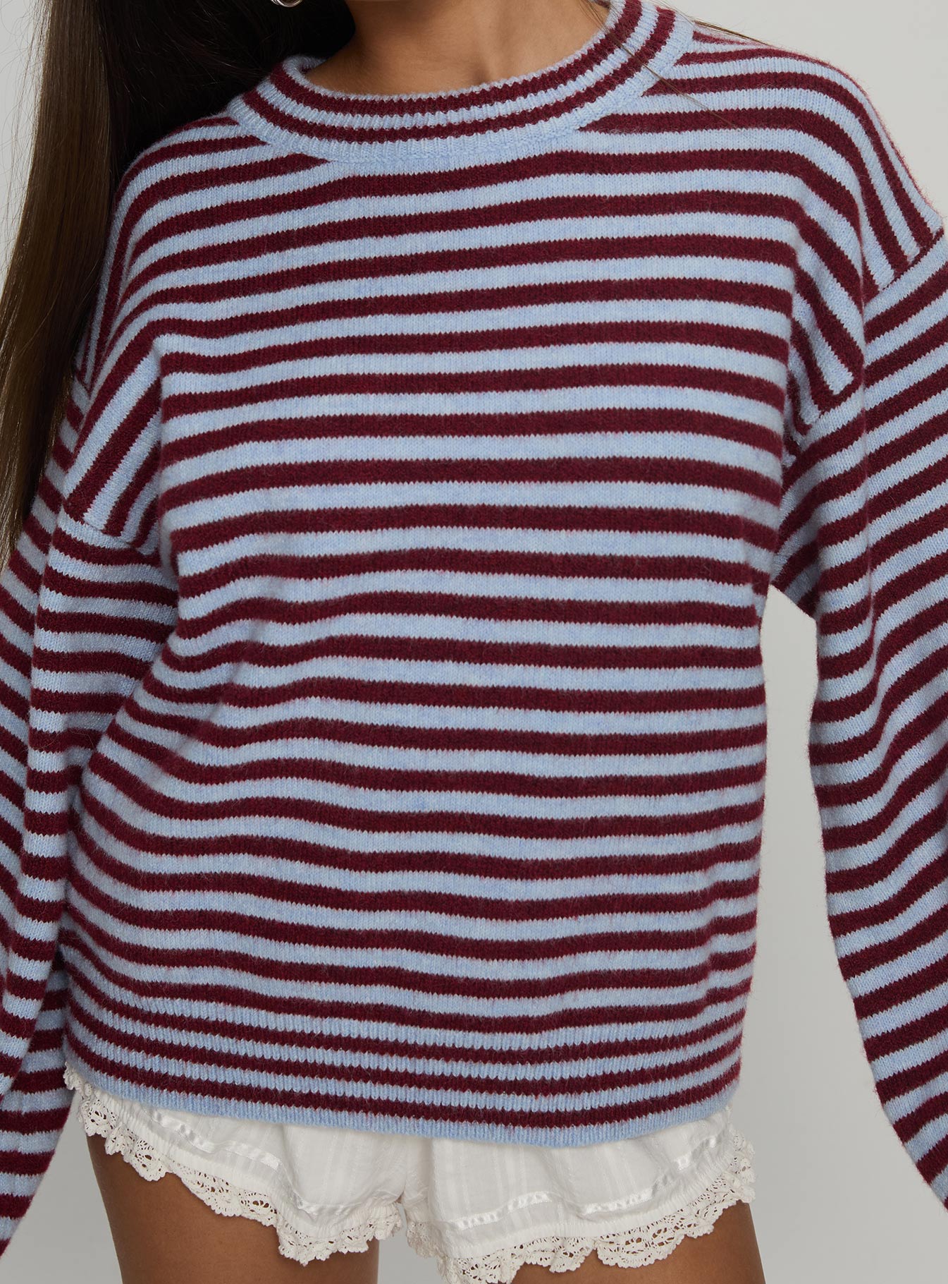 back view of model wearing Princess Polly Winter Stroll Knit Sweater Blue Stripe Longline Jumpers 