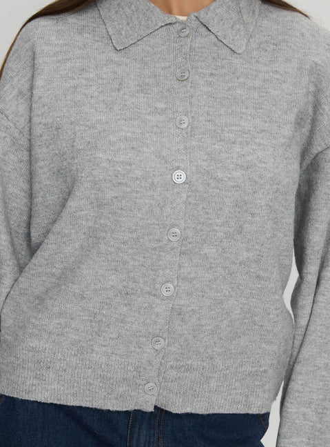 back view of model wearing Princess Polly Nadyna Collared Cardigan Grey Marle 