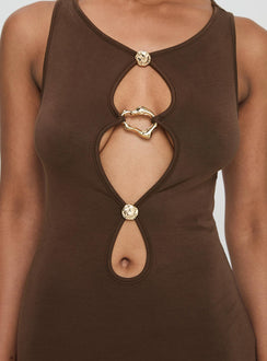 back view of model wearing Princess Polly Sanur Maxi Dress Brown Scoop Neck 