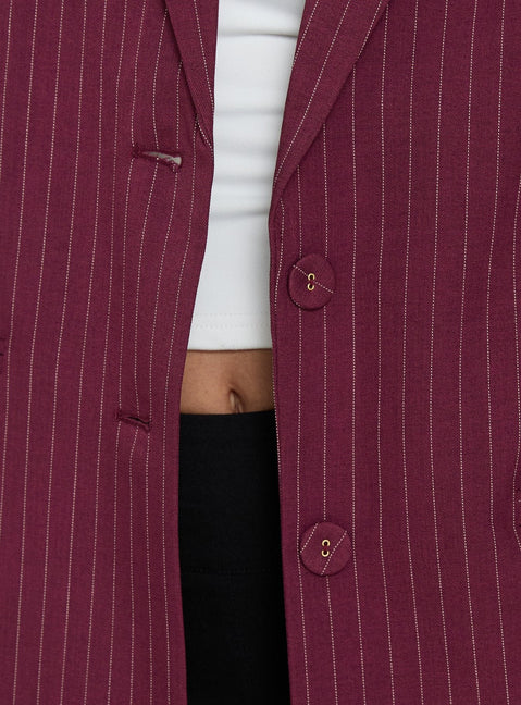 Crowd Pleaser Pinstripe Oversized Blazer Burgundy Pinstripe