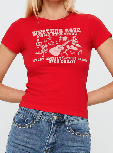 Western Rose Graphic Top Red