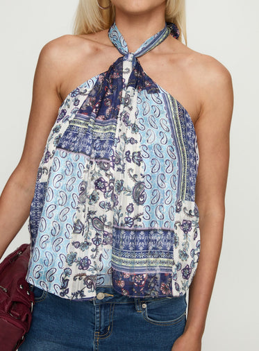 Ferne Tie Neck Top Blue Multi