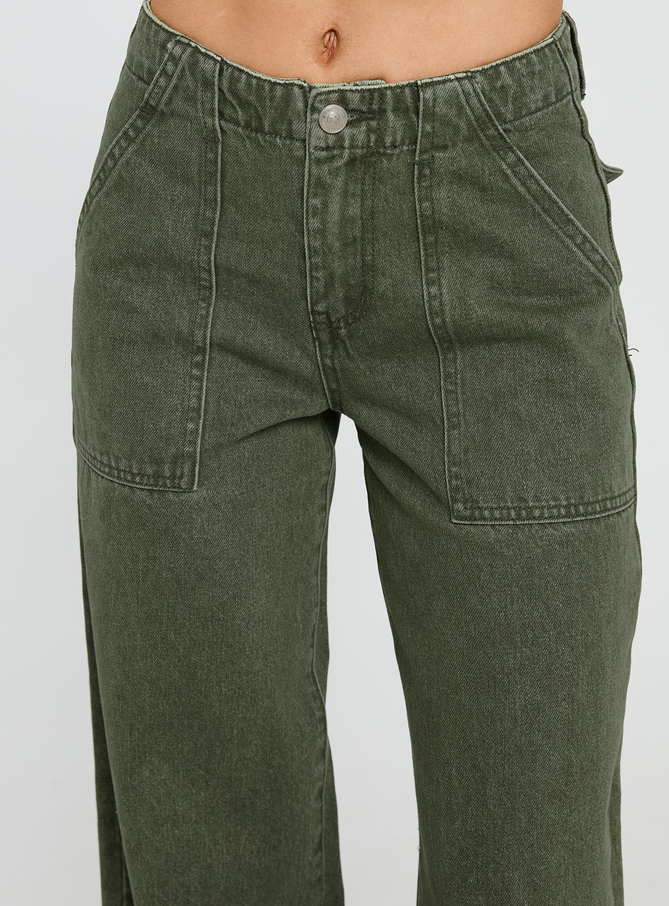 Melikah Mid Rise Baggy Cargo Jeans Green Wash