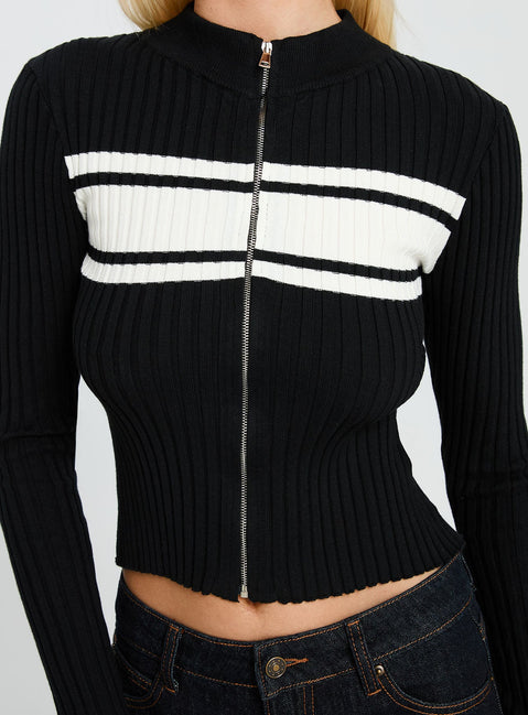 front view of model wearing Princess Polly Decisive Zip Through Knit Sweater Black / White cropped 