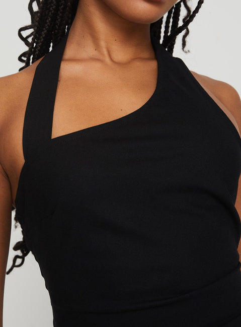 back view of model wearing Princess Polly Kumasi Mini Dress Black Asymmetric Neckline 