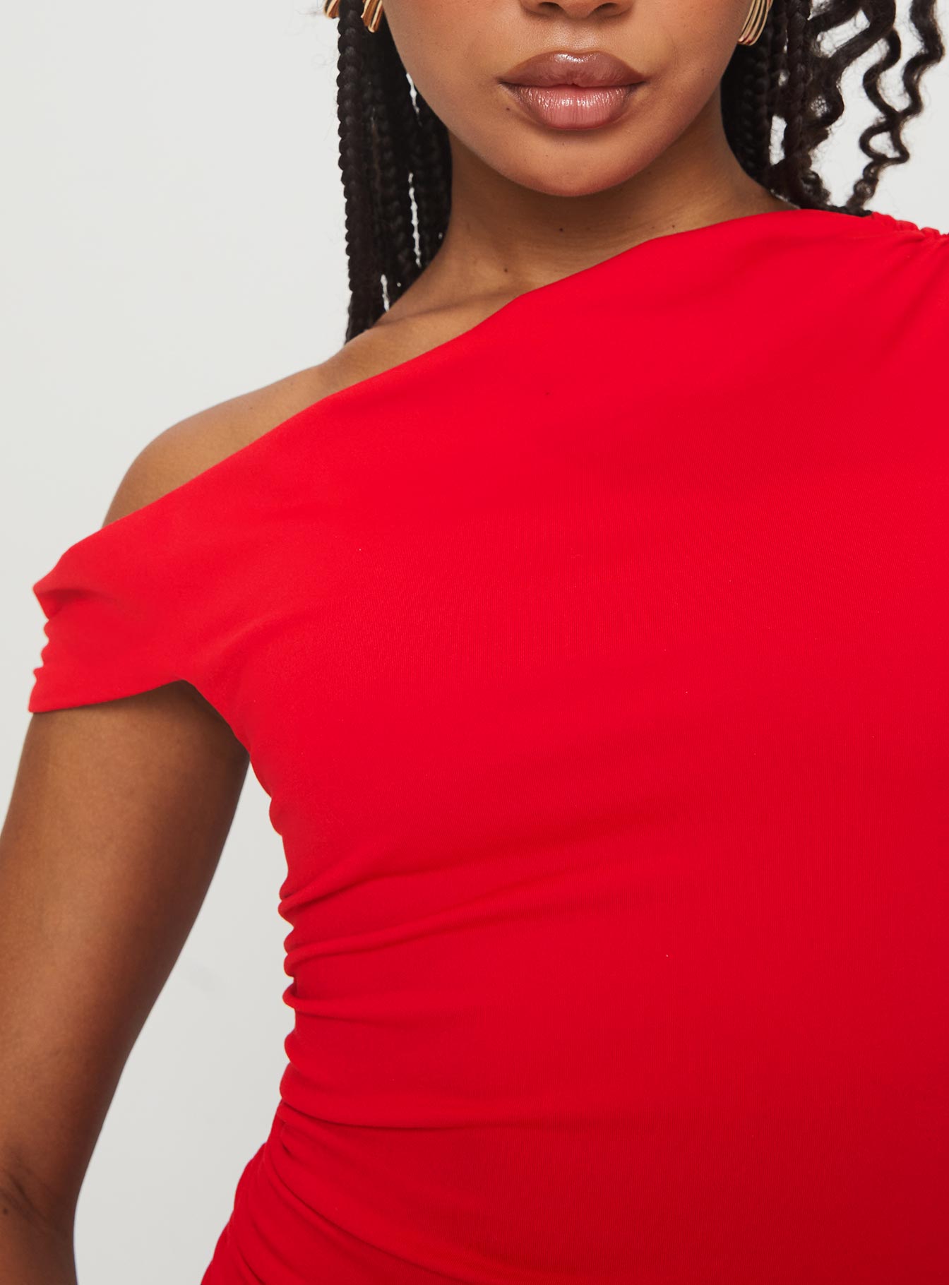 back view of model wearing Princess Polly Marcou Mini Dress Red Asymmetric Neckline 