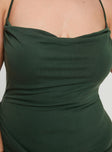Green maxi dress Halter style, straight neckline, ruching detail, split in hem