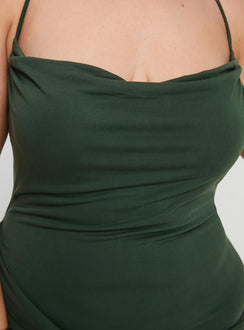 back view of model wearing Princess Polly Marchesi Cupro Maxi Dress Green Curve Cowl Neck 